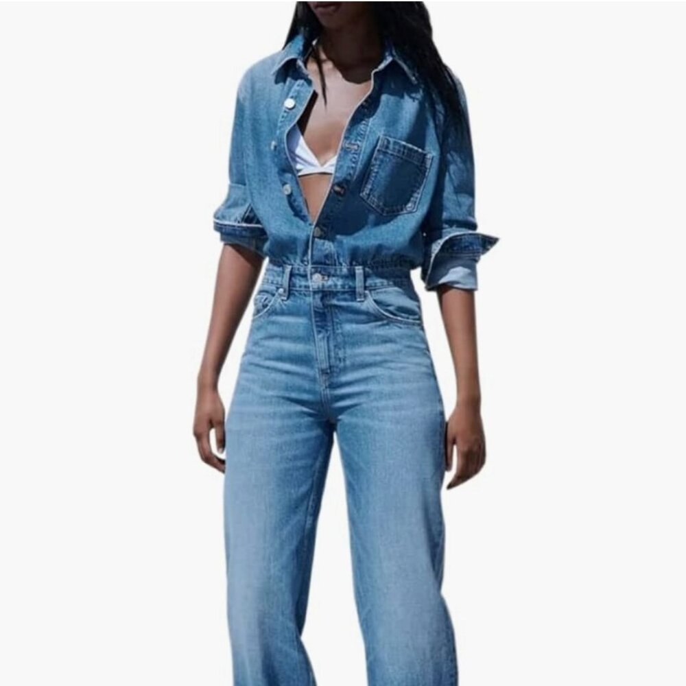 Women's Fashion High Waist Long Sleeve Denim Jumpsuit-Medium